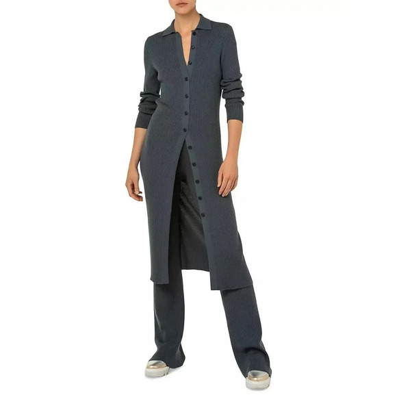NWOT $1990 AKRIS Long Ribbed Cardigan Sweater - Collared Dress Virgin Wool - Picture 2 of 11